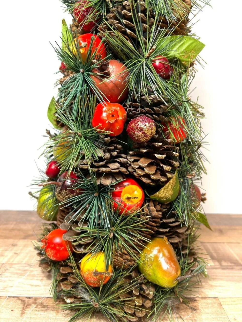 Holiday Centerpiece Pinecone Tree With Faux Fruit & Greenery Accents Glitter 17